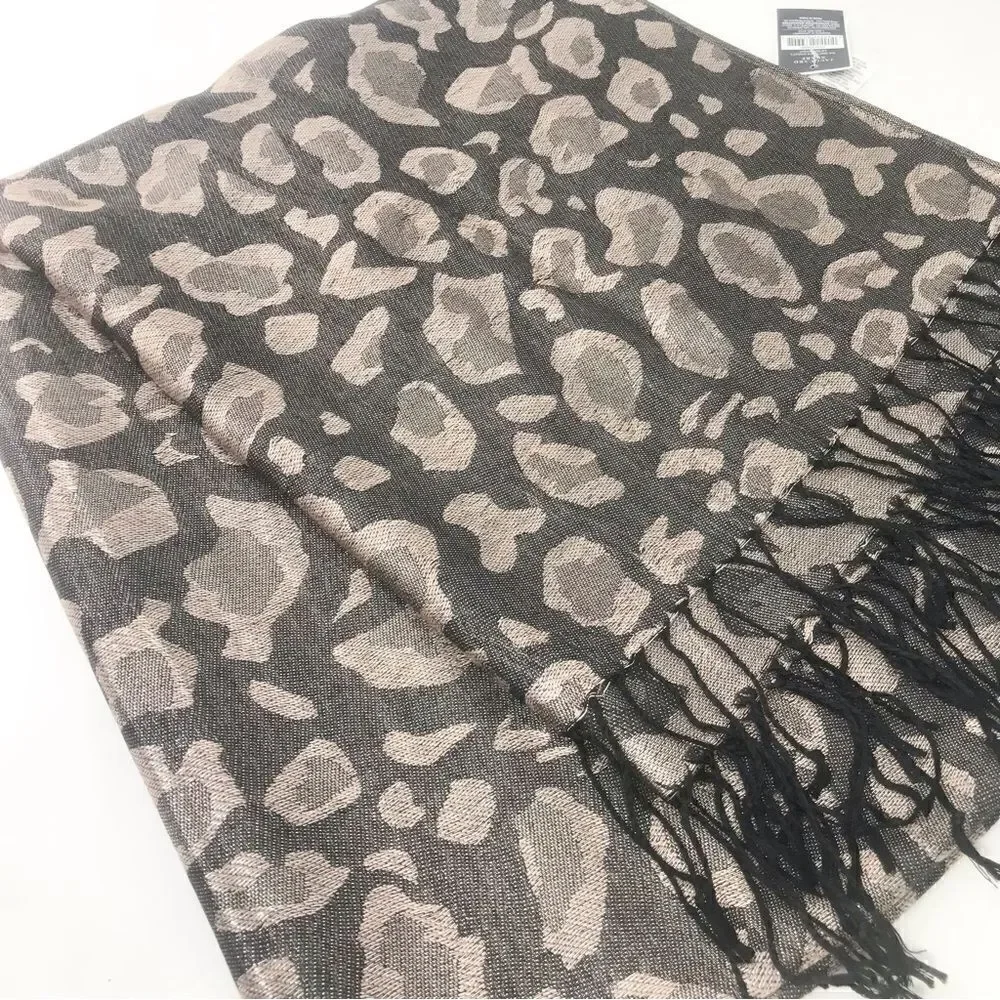 West Loop Black Taupe Metallic Leopard Print Jacquard Fringe Scarf NEW